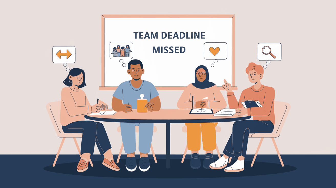 Four diverse leaders at a meeting table, each responding differently to a missed deadline