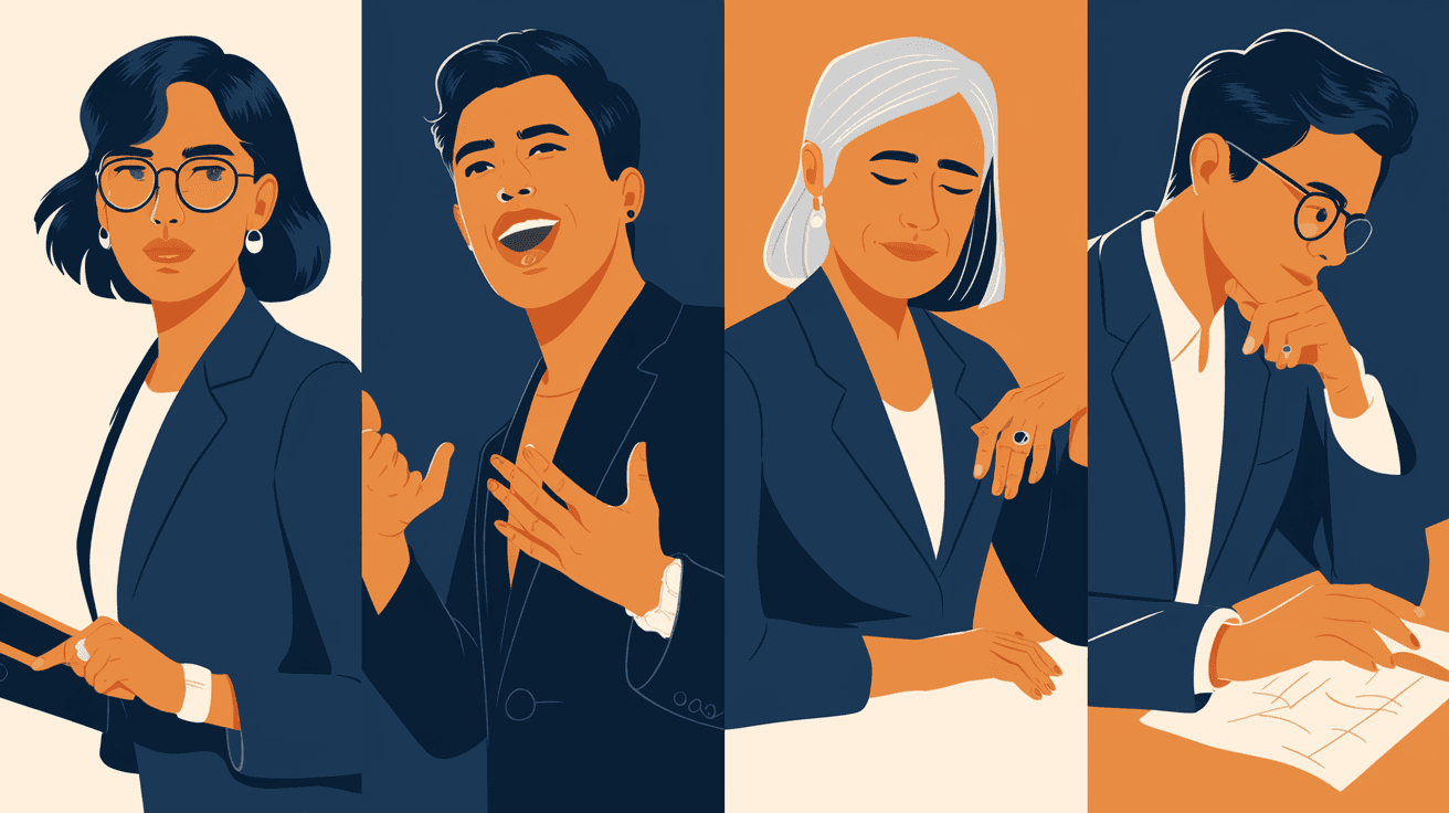 Four DISC leader portraits: D - determined woman, I - expressive man, S - calm older woman, C - thoughtful man with glasses