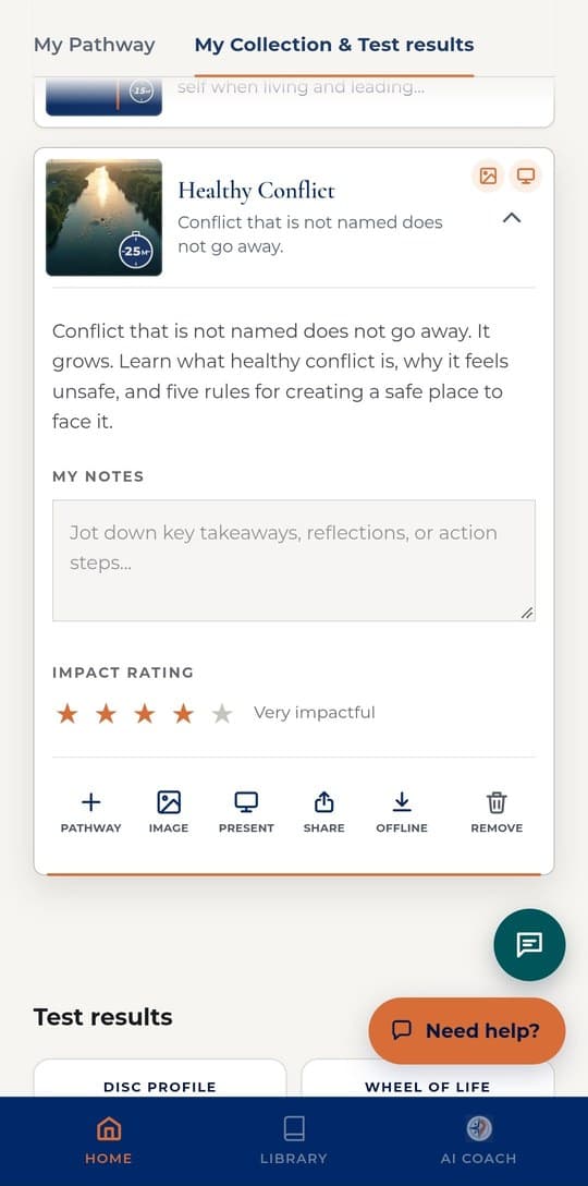 A module opened in My Collection on a phone, with notes and an impact rating.