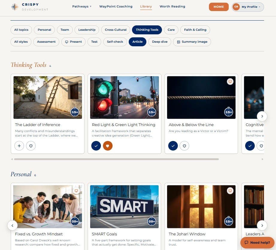 The library: filter by topic or by type, and save the modules you want to your pathway.