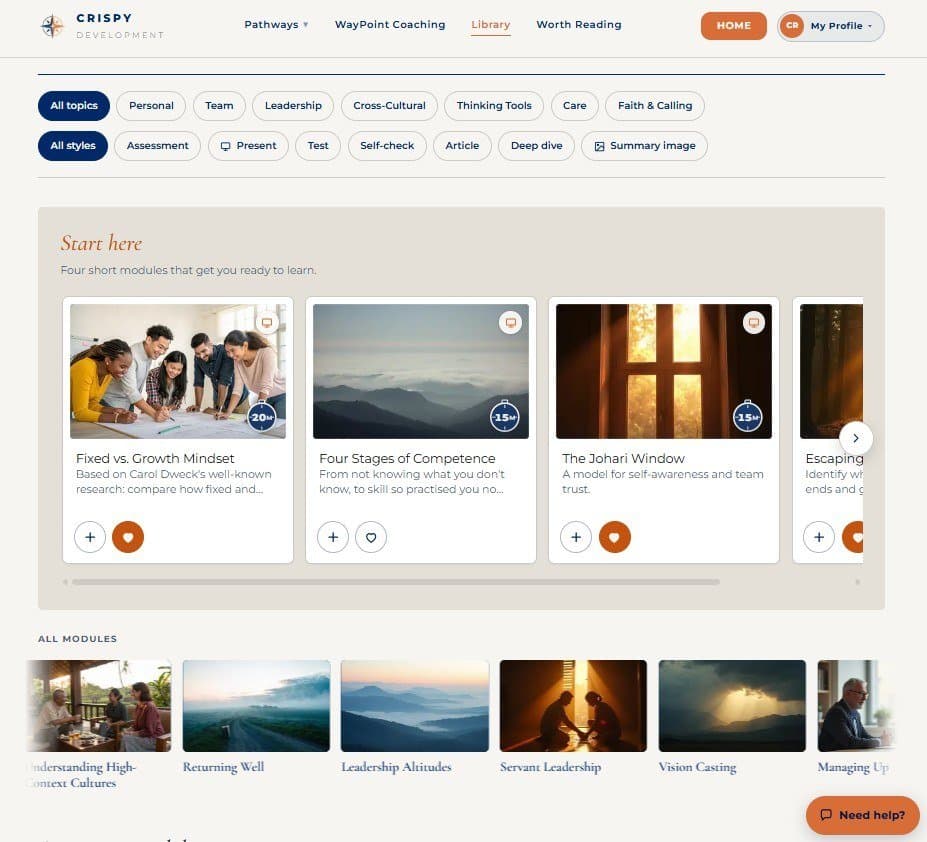 The library: start with four short modules, or filter by topic and pick what you are facing now.