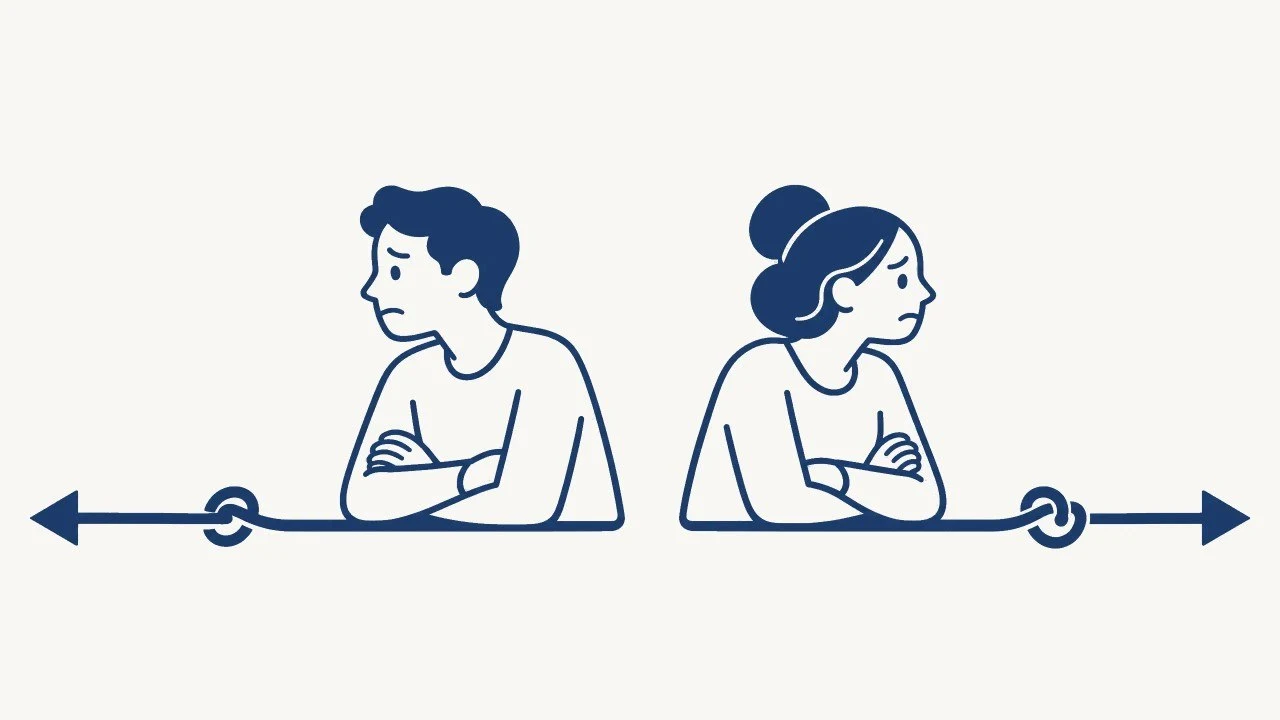Two people with arms crossed turn away from each other. Their lines pull apart in opposite directions.